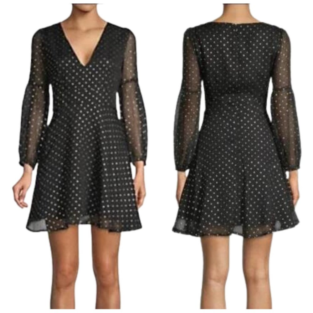 BB Dakota Dress Black Silver  Stars  SZ 0 Short Skater style Flare Long Sleeves - Picture 3 of 8